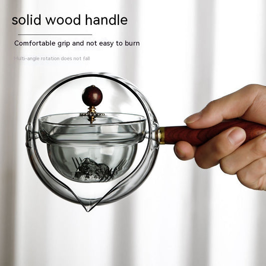 Rotary Glass Teapot with Infuser | Heat-Resistant Tea Maker with Wooden Handle