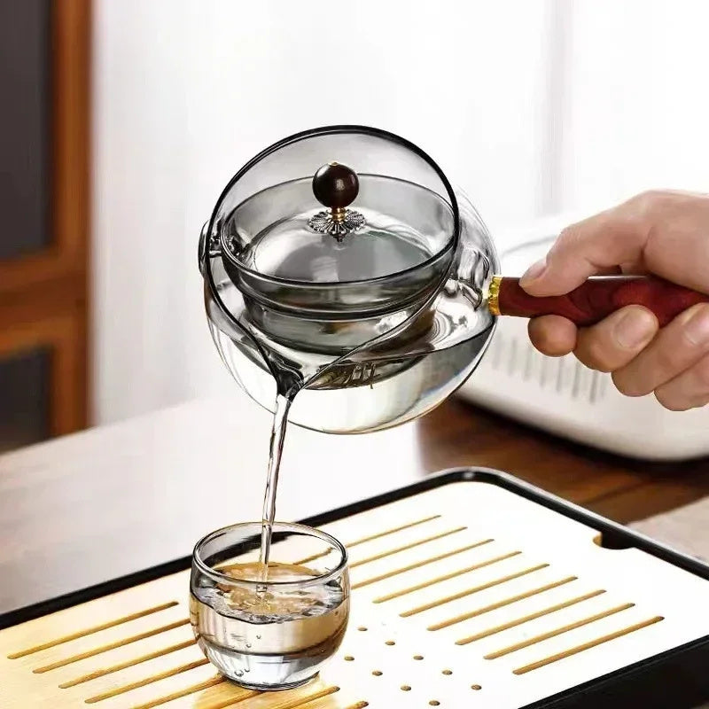 Rotary Glass Teapot with Infuser | Heat-Resistant Tea Maker with Wooden Handle