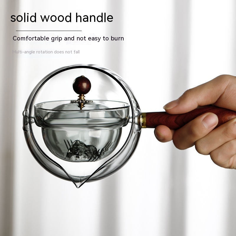 Rotary Glass Teapot with Infuser | Heat-Resistant Tea Maker with Wooden Handle